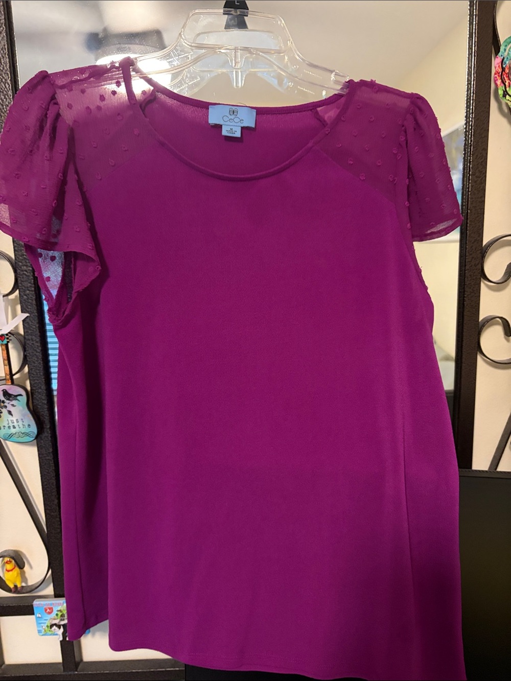CeCe Magenta Flutter Dot-Sleeve Blouse